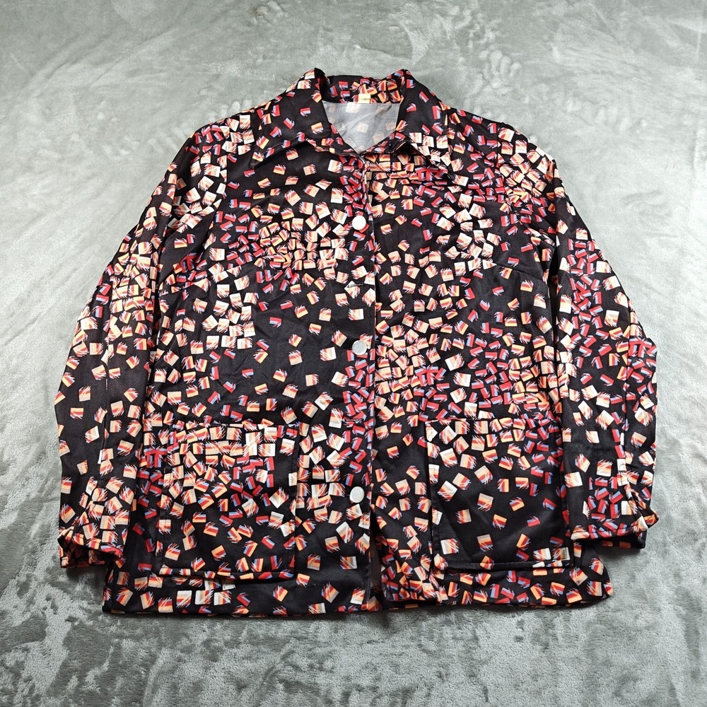 Vintage Disco Chore Jacket Women Large Black Geometric Artist Smock Colorful 70s